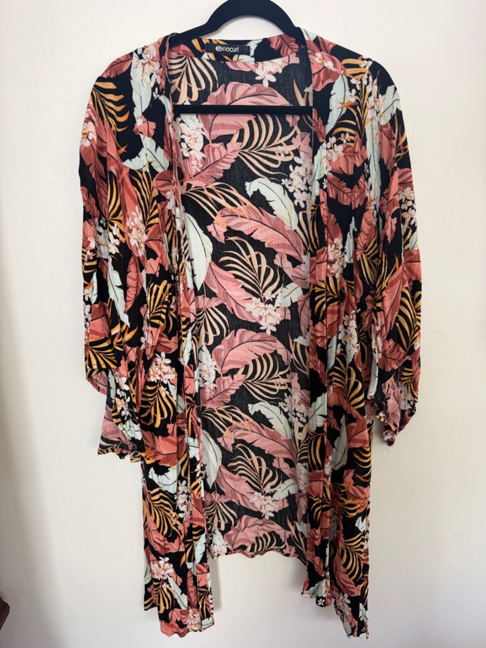 Rip Curl Black Floral Tropical Kimono with Pink and Tan Leaves